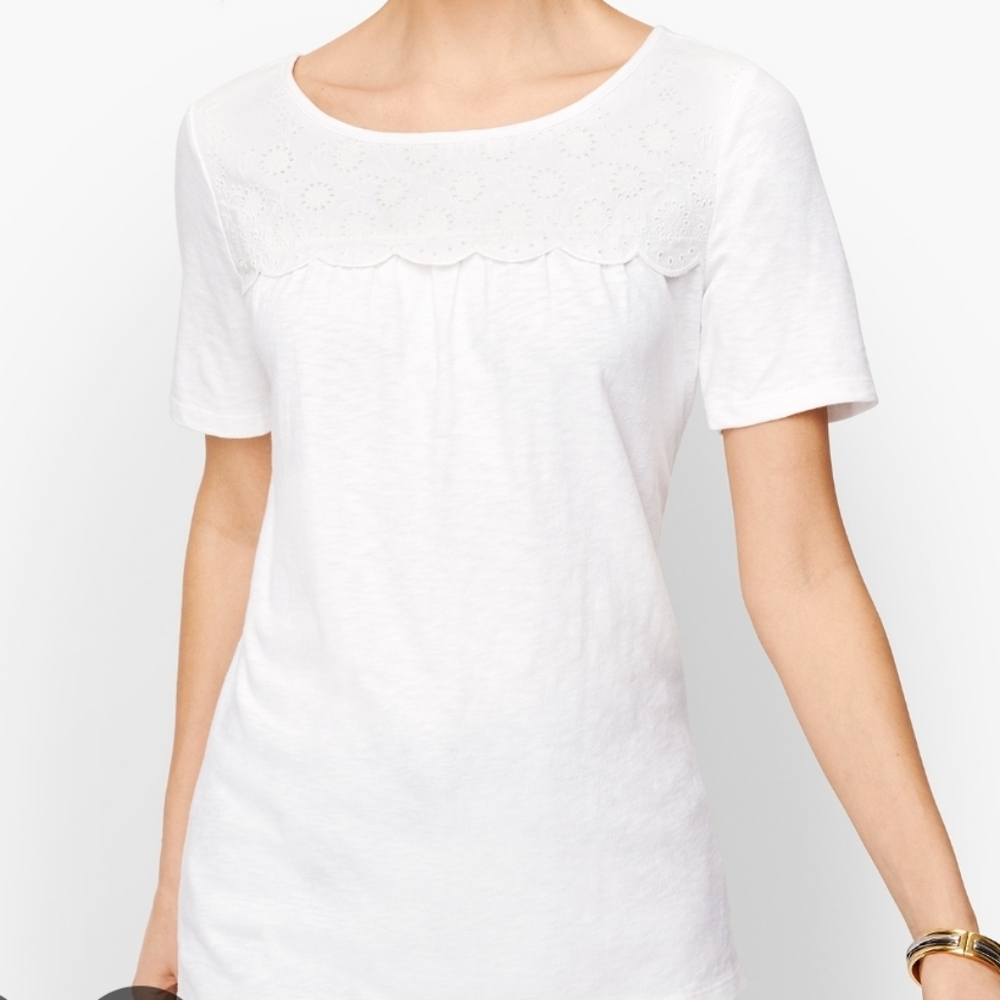 Talbots White Eyelet Trim Tee - Small Petite